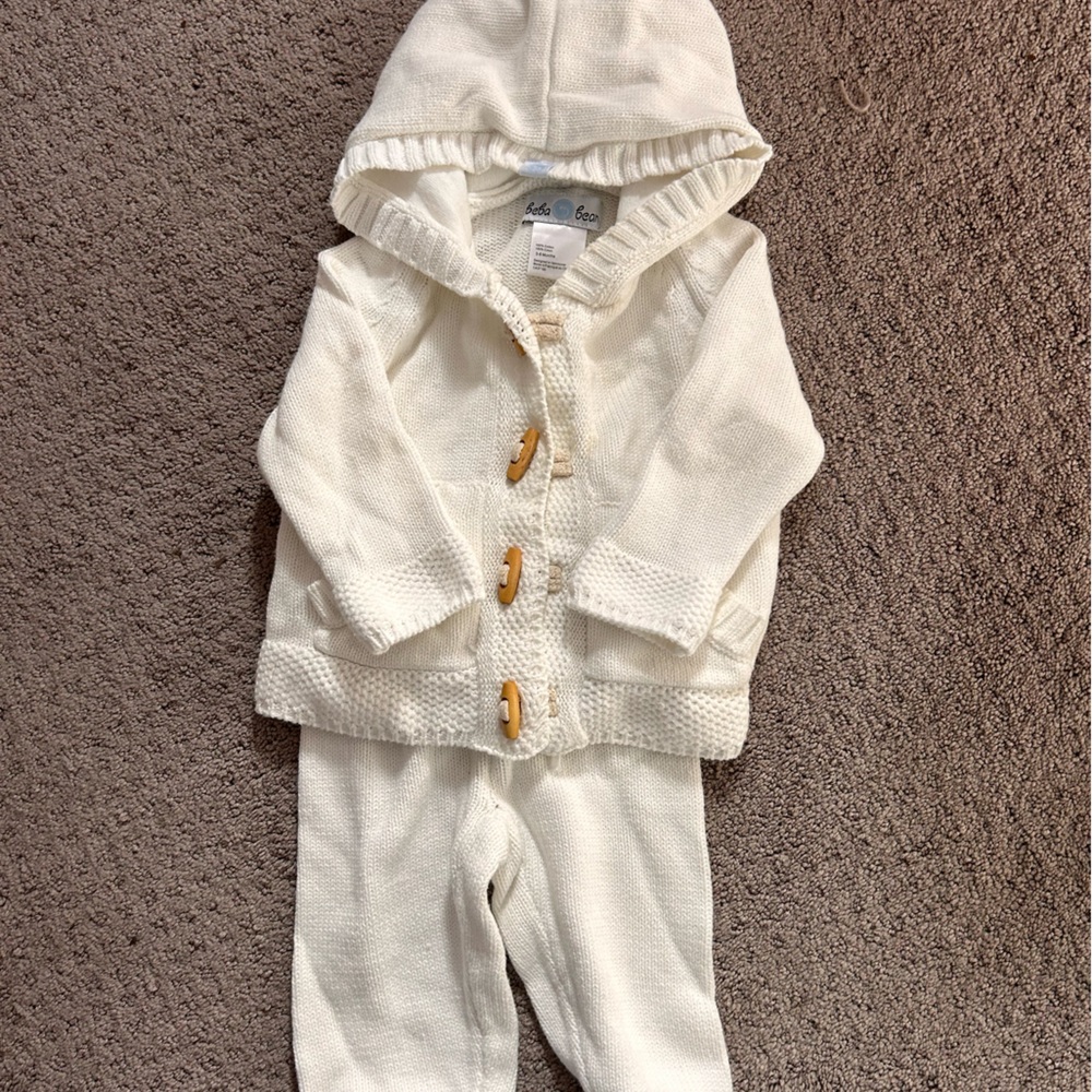 Brand new without tags white knit baby two piece set with wooden toggle buttons